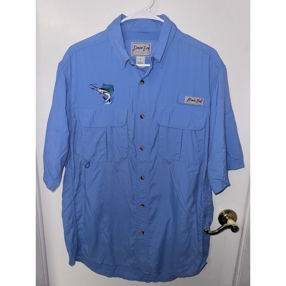Bimini Bay Outfitters Mens Fishing Shirt Blue Short Sleeve Marlin Embroidered M